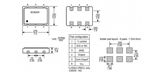 Bomar晶振,B1825-BACS3T6N-20.000000晶振,7050mm貼片晶振